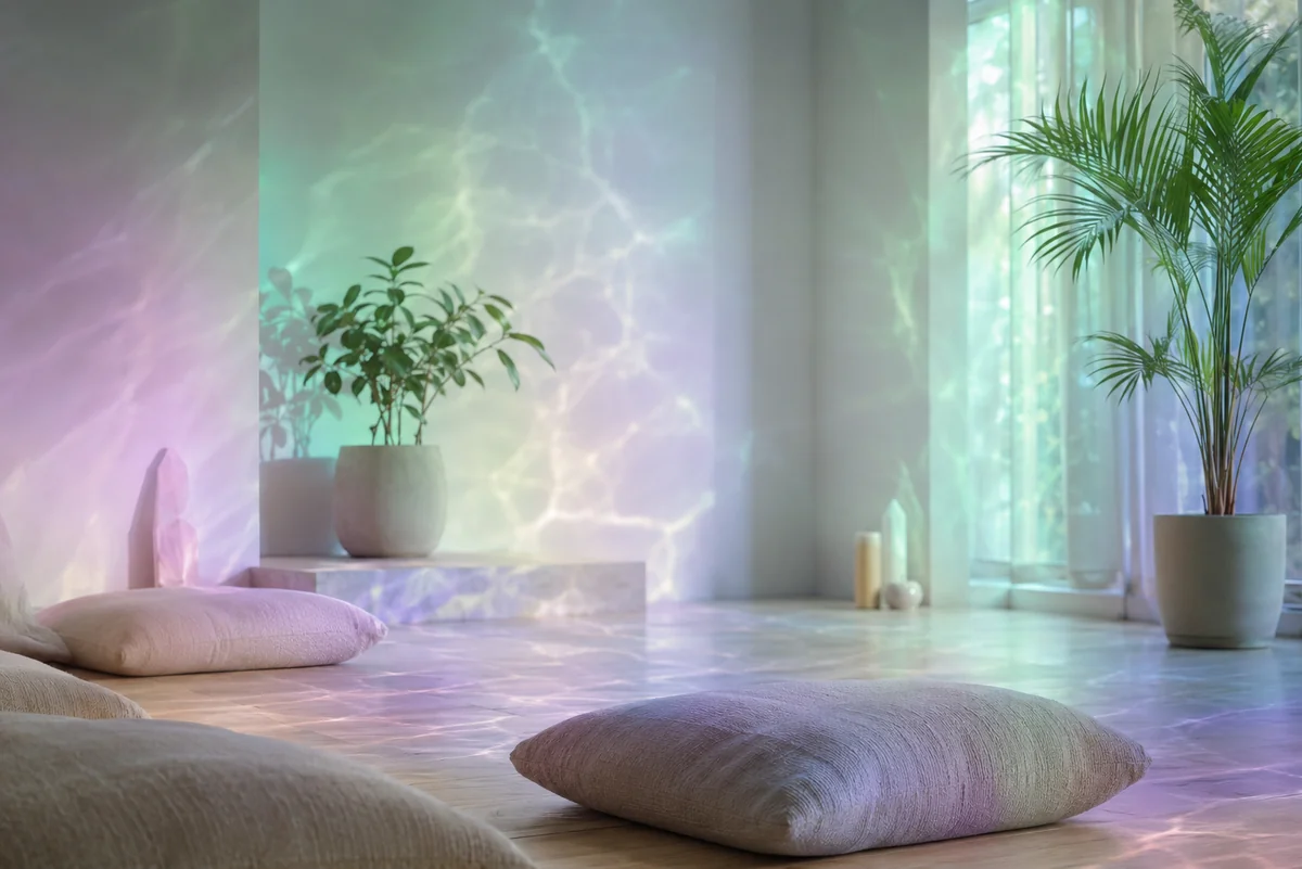Sala de acompañamiento con luz serena, cojines y plantas